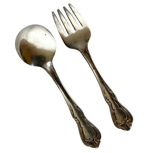 Wm Rogers Oneida Chalice Harmony Silverplate Baby Child Feeding Set Spoon Fork - Picture 3 of 4